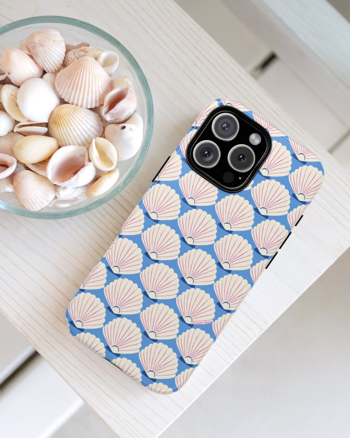 pretty blue and white seashell pattern on a phone case