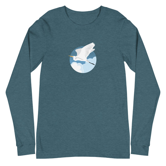 Fly Great Egret Long Sleeve T-Shirt Heather Deep Teal