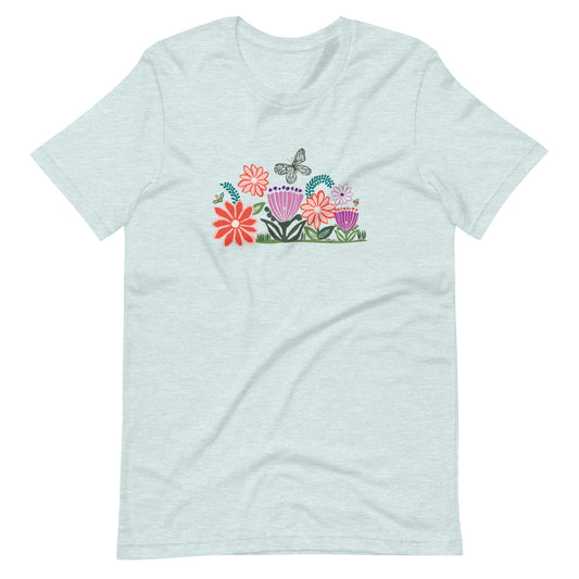 Bloom Crewneck T-Shirt Flower Garden Heather Prism Ice Blue